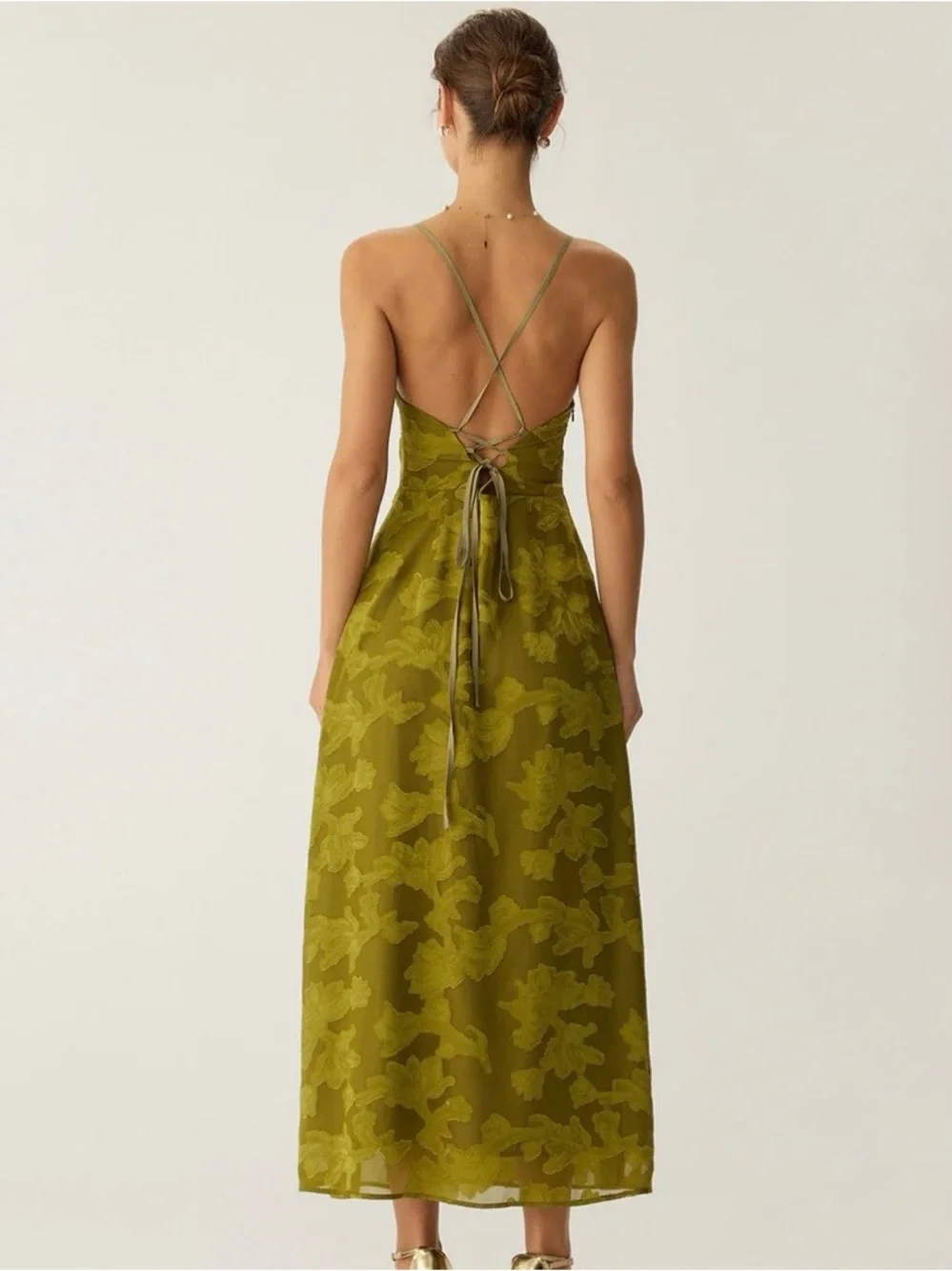 Olive Green Floral Slip Midi Dress - Picture 2 of 3